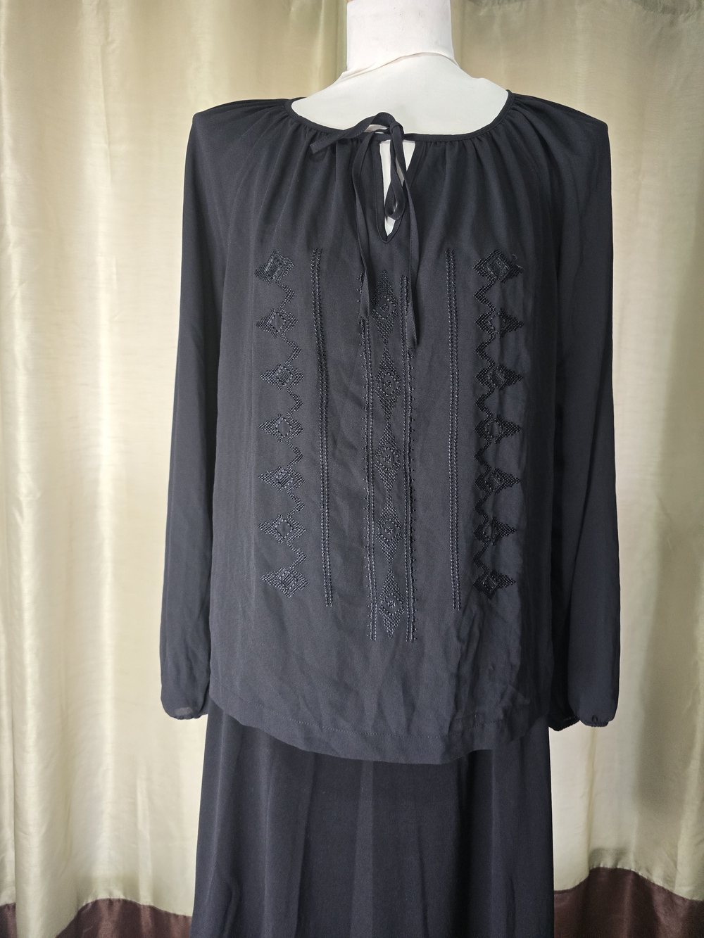 Lord & Taylor Black Embroidered Tie-Neck Long Sleeve Blouse